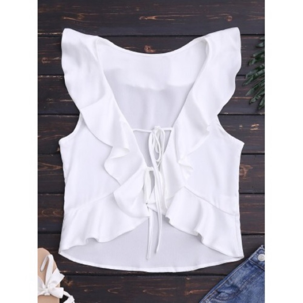 Zaful white ruffled front tie tank
